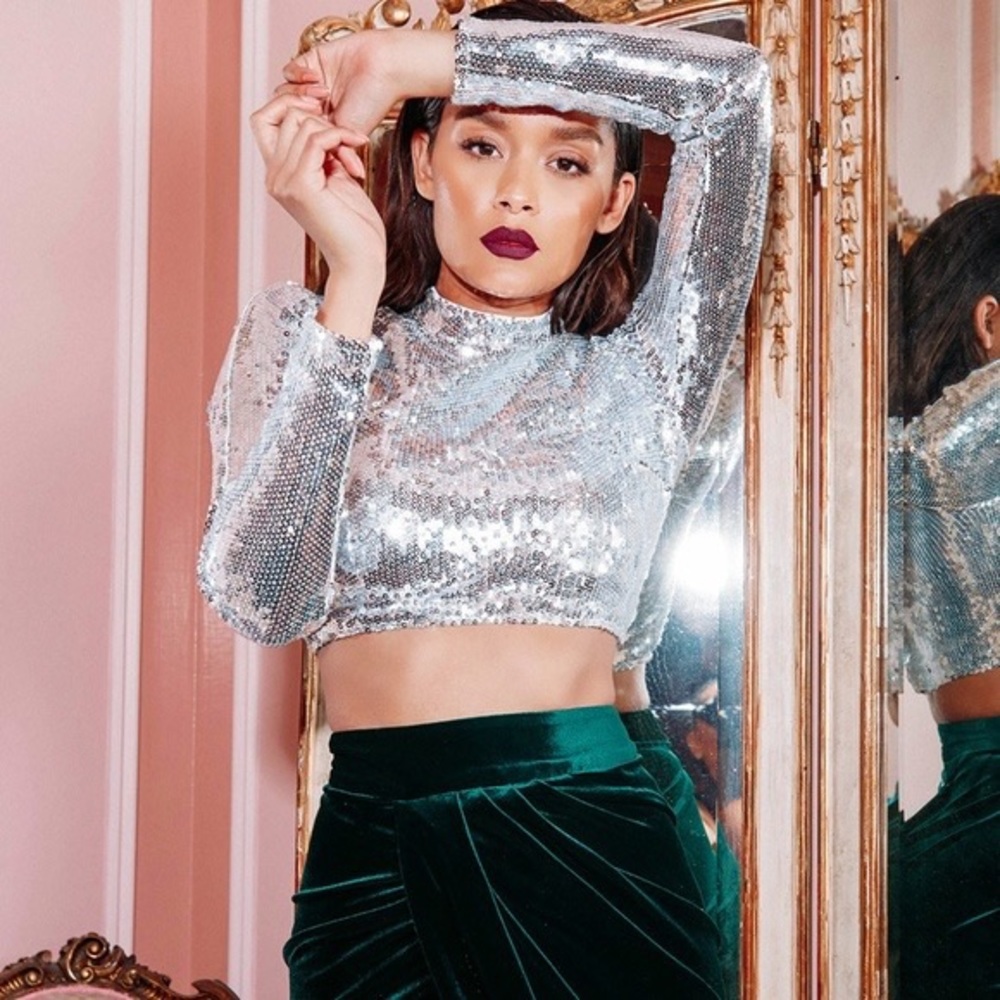House of CB Kasturi Silver Sequin Crop Top